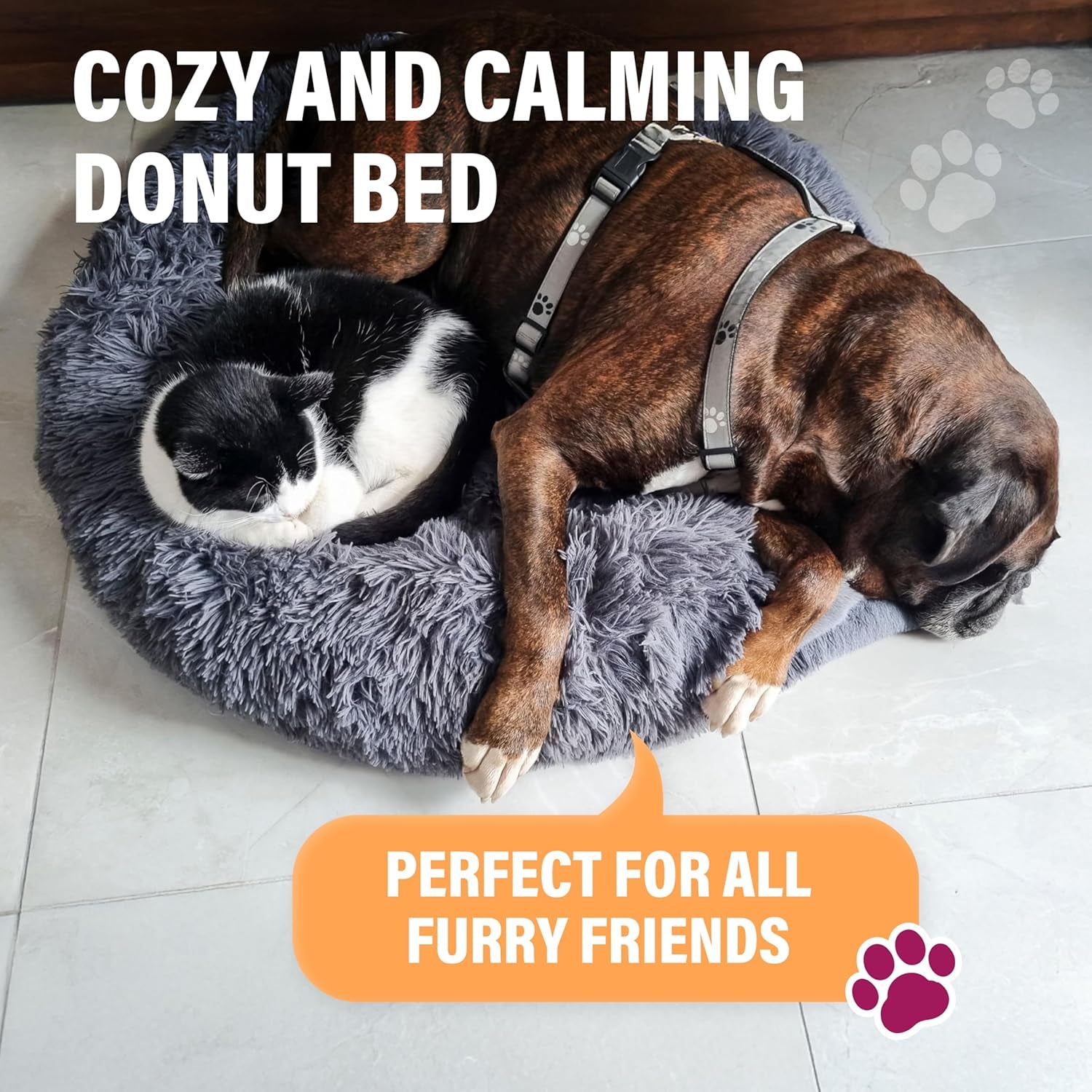 Premium Medium Donut Dog Bed, Fits up to 45 Lbs, Machine Washable Cushion, Plush Long Pile Faux Fur Fabric, Portable Dark Gray Pet Bed Furniture for Puppies Adult Canines & Cats