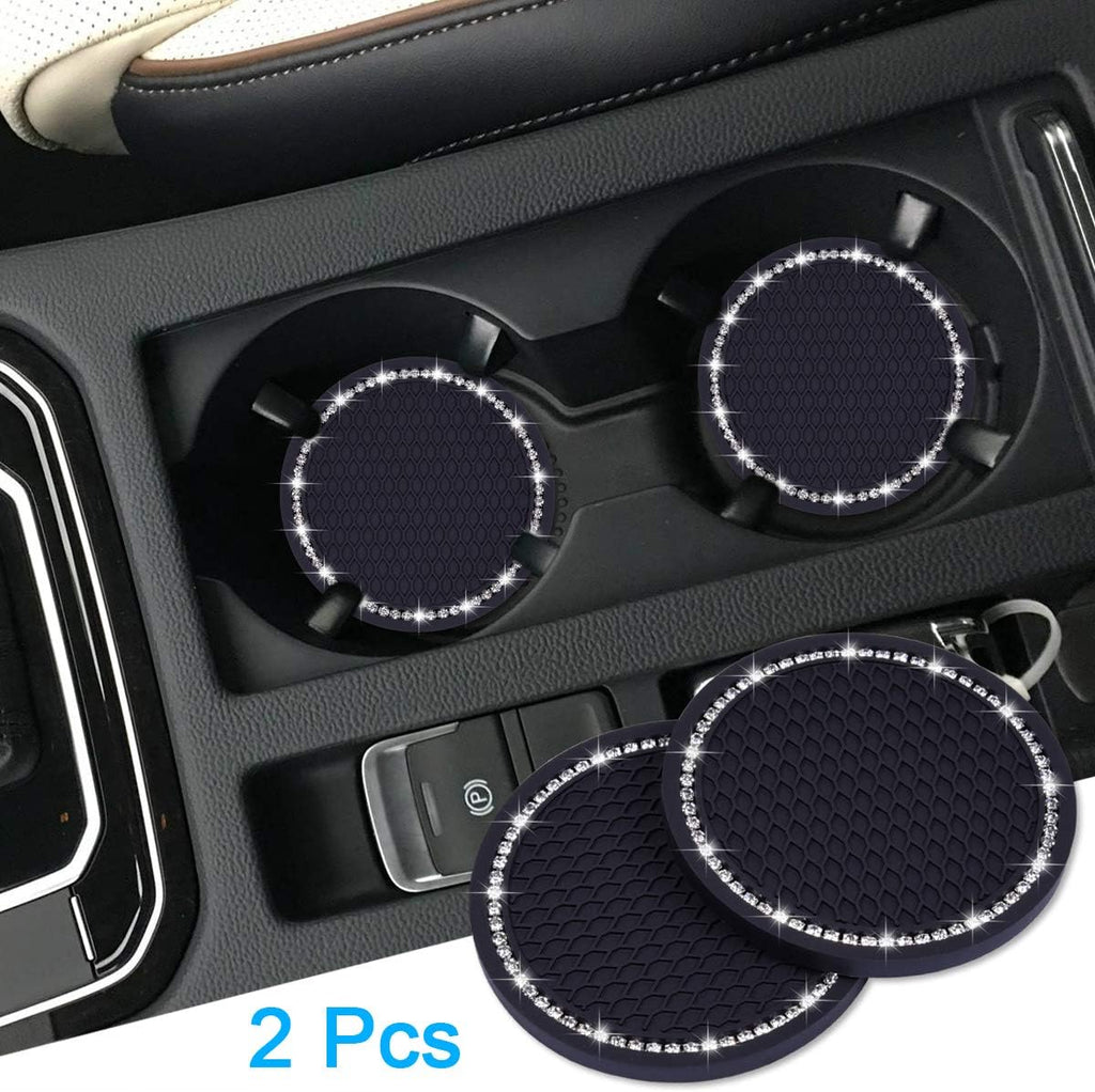 Bling Car Coasters, 2 Pack 2.75" Diameter Car Cup Coaster, Black | PVC Car Cup Holder Insert Coaster, anti Slip Universal Vehicle Interior Accessories Crystal Glitter Cup Mats for Women & Man