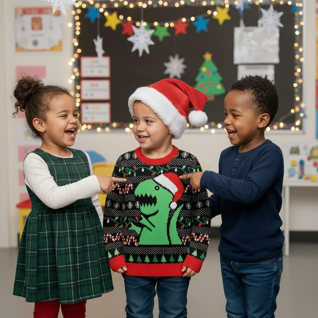 Kids Ugly Christmas Sweater Dino Gamer Swishmas Boy Girl Holiday | Soft Fleece Kids Ugly Christmas Sweatshirt; Great for Holiday Party, Gamer and Dino Fans, Boys Girls Xmas Gift