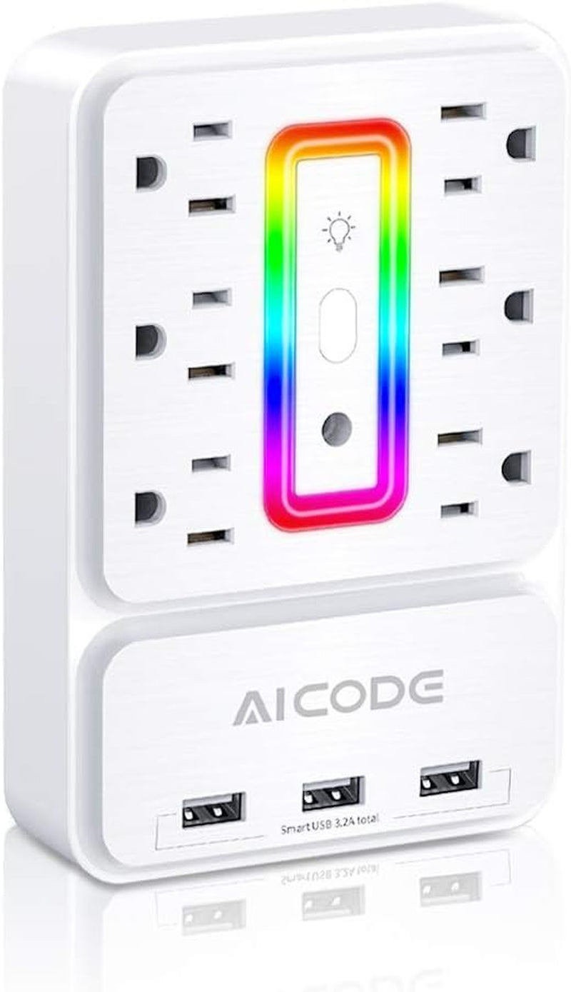 Outlet Extender Surge Protector with USB Ports and Night Light | Multi Plug Wall Outlet Charger Adapter Splitter for Home Office Dorm Bedroom Living Room Nightstand Space Saving Plug