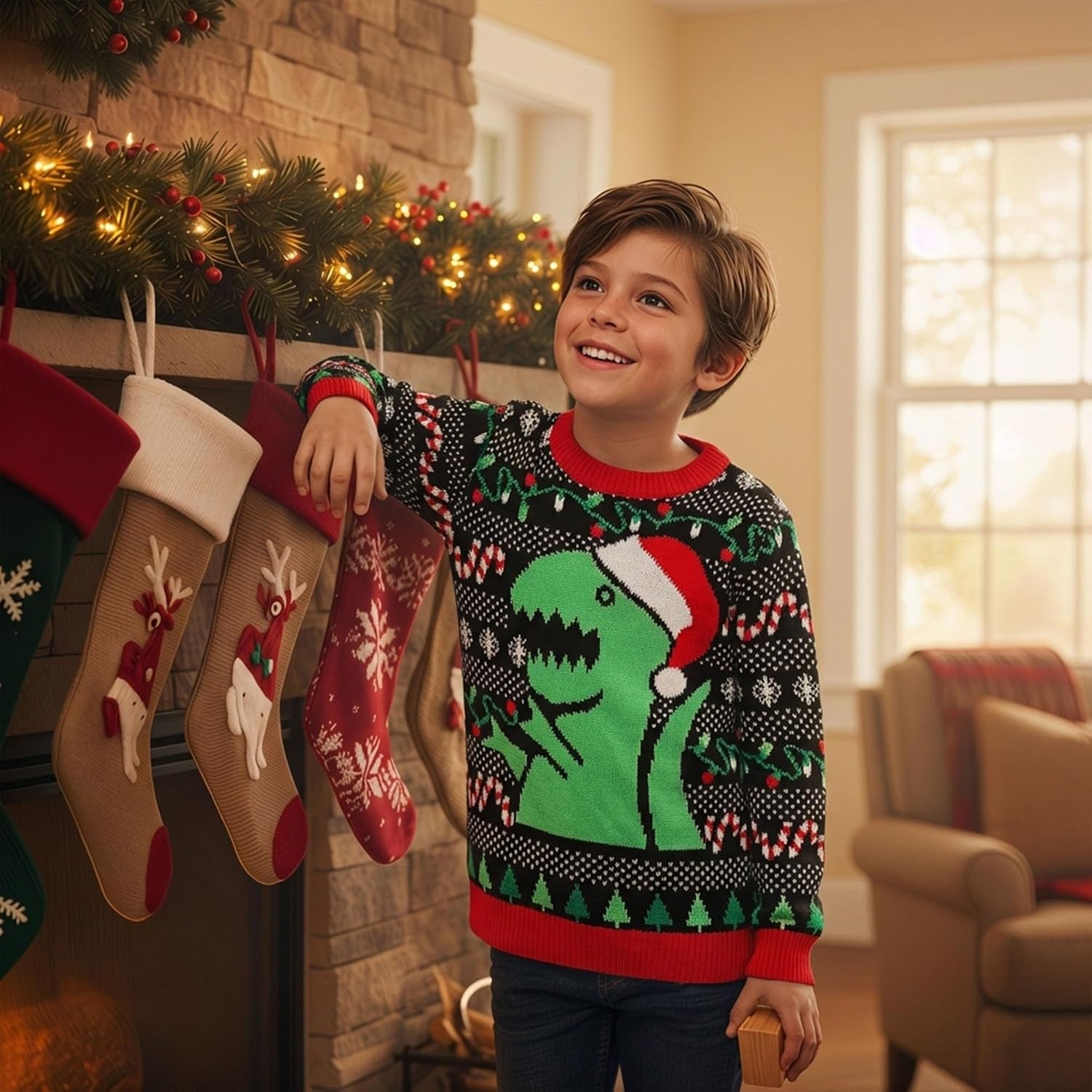 Kids Ugly Christmas Sweater Dino Gamer Swishmas Boy Girl Holiday | Soft Fleece Kids Ugly Christmas Sweatshirt; Great for Holiday Party, Gamer and Dino Fans, Boys Girls Xmas Gift