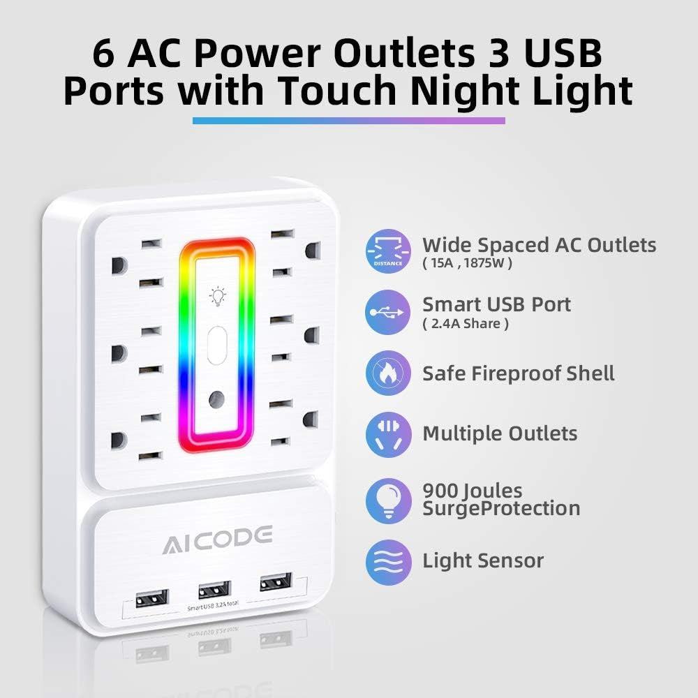 Outlet Extender Surge Protector with USB Ports and Night Light | Multi Plug Wall Outlet Charger Adapter Splitter for Home Office Dorm Bedroom Living Room Nightstand Space Saving Plug