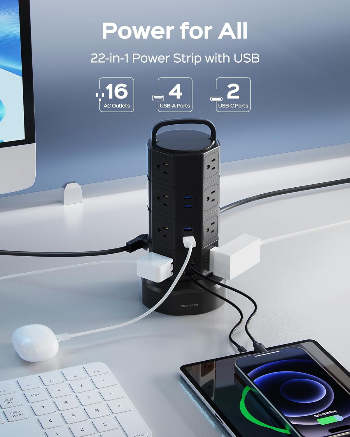 Power Strip Tower Surge Protector,  16 Outlets 6 USB (2 USB C) Charging Station, Extension Cord with Multiple Outlets, 1050J 1625W/13A Outlet Extender 6.5Ft Extension Cord for Home Office | 6.5Ft Retractable Extension Cord with Multiple Outlets, 1625W/13A Outlet Extender, USB Charging Station for Home Office Dorm