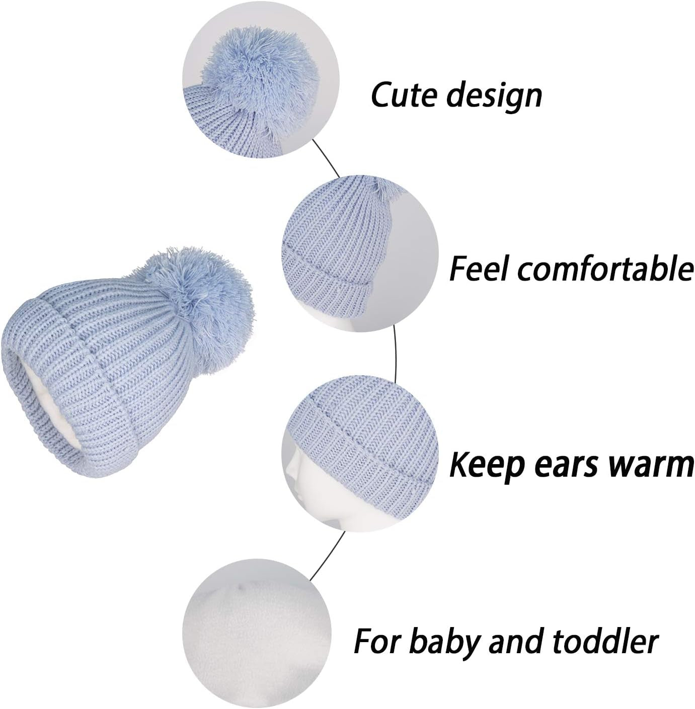 Winter Warm Knitted Baby Hats for Girls Pom Pom Kid Toddler Boys Beanies Cap with Fleece Lining