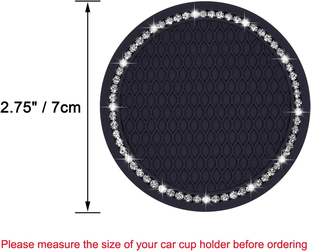 Bling Car Coasters, 2 Pack 2.75" Diameter Car Cup Coaster, Black | PVC Car Cup Holder Insert Coaster, anti Slip Universal Vehicle Interior Accessories Crystal Glitter Cup Mats for Women & Man
