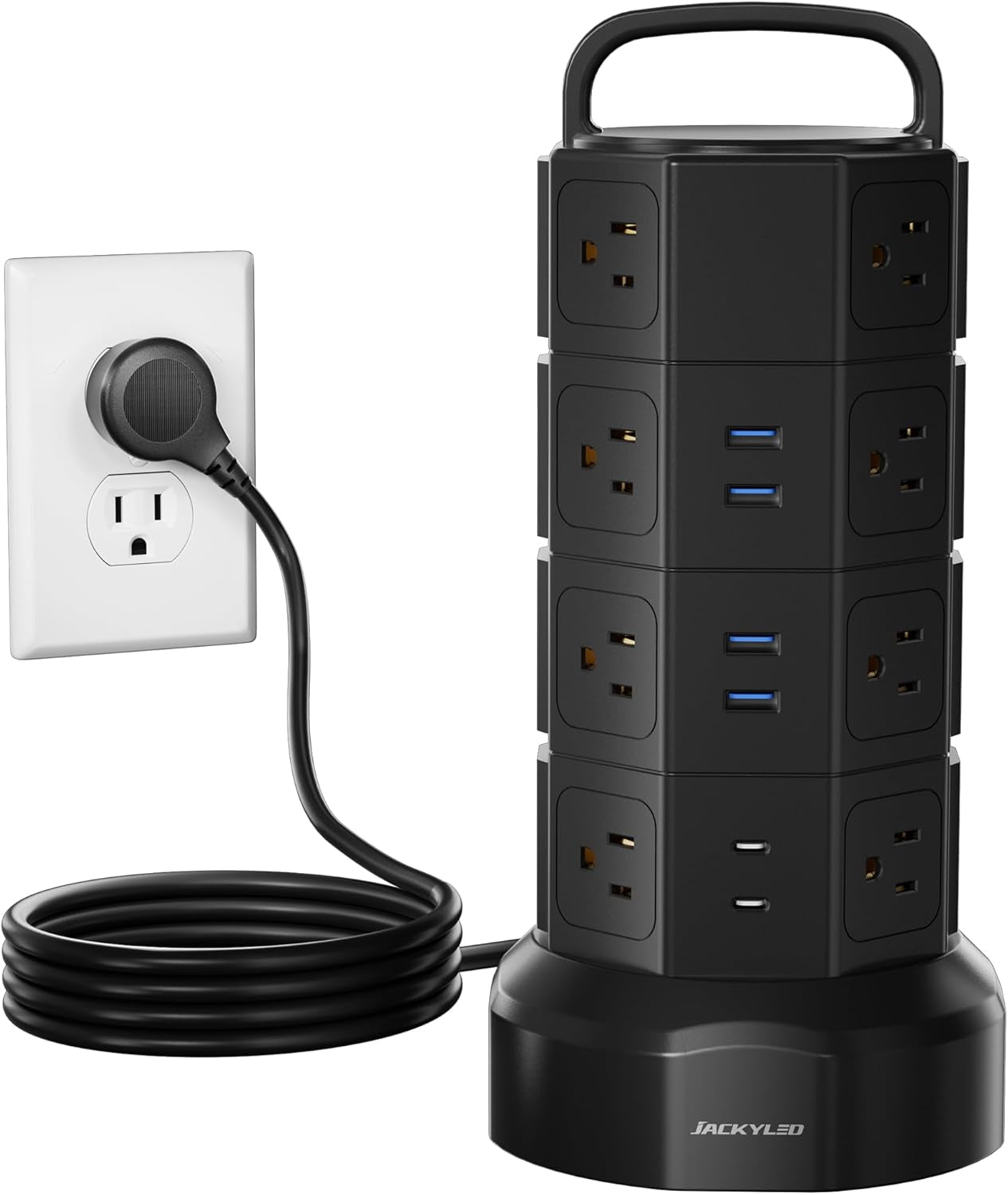 Power Strip Tower Surge Protector,  16 Outlets 6 USB (2 USB C) Charging Station, Extension Cord with Multiple Outlets, 1050J 1625W/13A Outlet Extender 6.5Ft Extension Cord for Home Office | 6.5Ft Retractable Extension Cord with Multiple Outlets, 1625W/13A Outlet Extender, USB Charging Station for Home Office Dorm