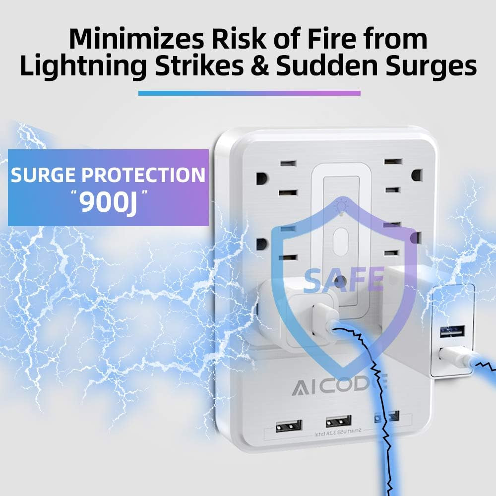 Outlet Extender Surge Protector with USB Ports and Night Light | Multi Plug Wall Outlet Charger Adapter Splitter for Home Office Dorm Bedroom Living Room Nightstand Space Saving Plug