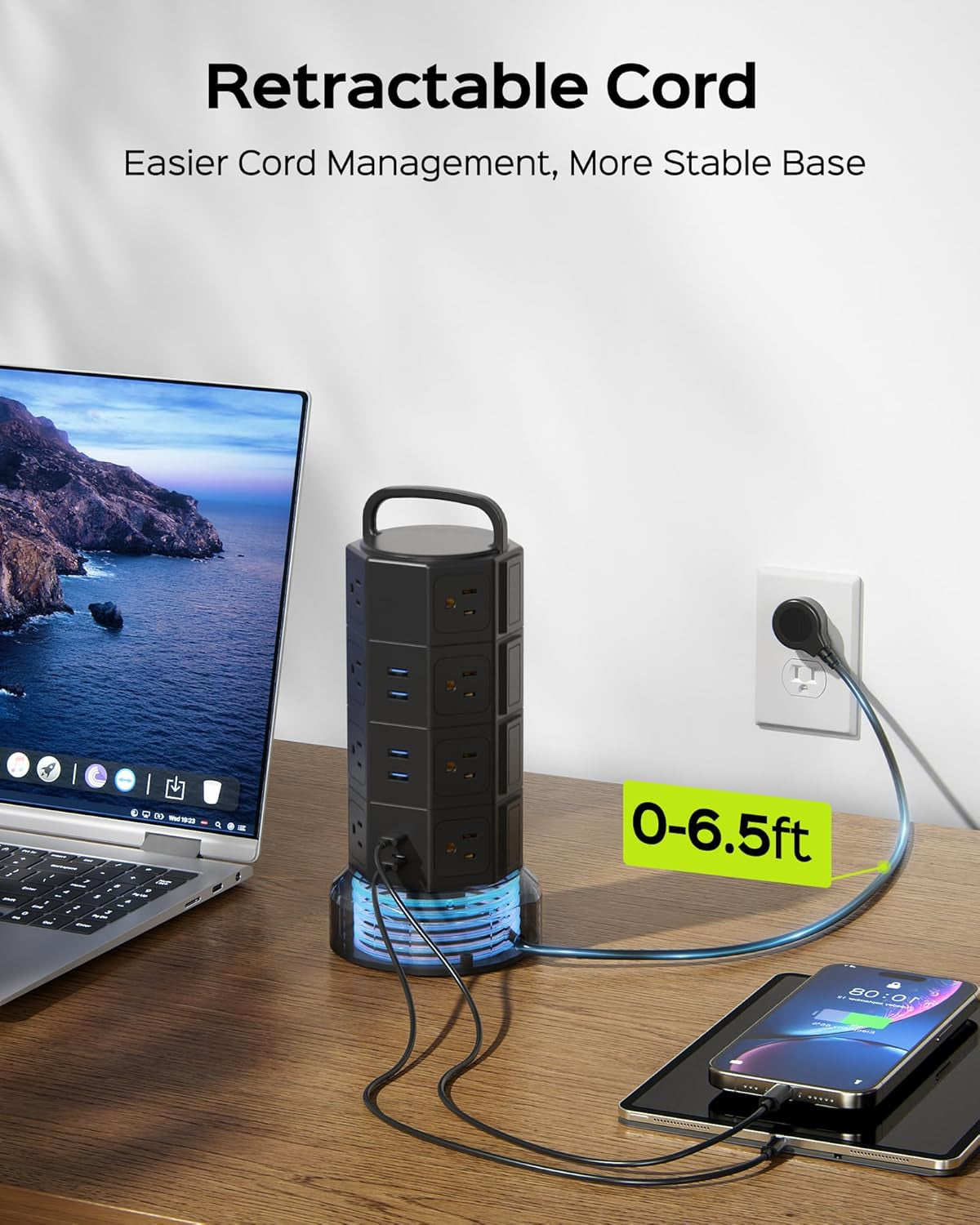 Power Strip Tower Surge Protector,  16 Outlets 6 USB (2 USB C) Charging Station, Extension Cord with Multiple Outlets, 1050J 1625W/13A Outlet Extender 6.5Ft Extension Cord for Home Office | 6.5Ft Retractable Extension Cord with Multiple Outlets, 1625W/13A Outlet Extender, USB Charging Station for Home Office Dorm