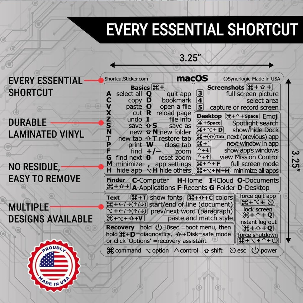 Mac OS Shortcuts Sticker for Air/Pro | Keyboard Stickers for Macos | Laminated Vinyl Macbook Cheatsheet | Macbook Shortcuts 2026 (Clear/Black)