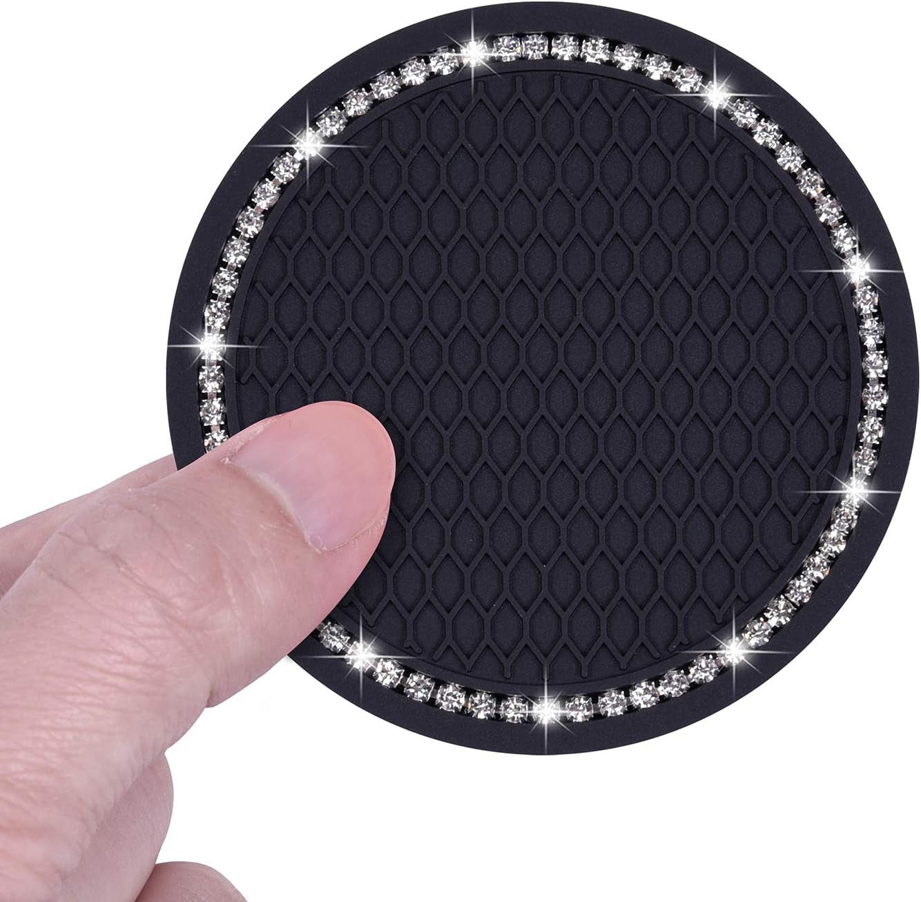Bling Car Coasters, 2 Pack 2.75" Diameter Car Cup Coaster, Black | PVC Car Cup Holder Insert Coaster, anti Slip Universal Vehicle Interior Accessories Crystal Glitter Cup Mats for Women & Man