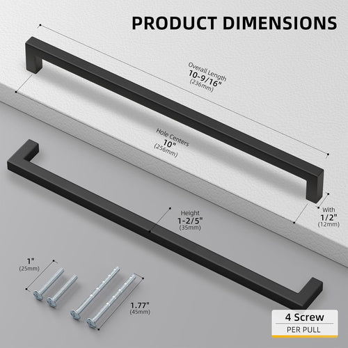10 Pack Black Square Bar Cabinet Pull Drawer Handle Stainless Steel Modern Hardware for Kitchen and Bathroom Cabinets Cupboard,Center to Center 10In(256Mm) Black Drawer Pulls | Stainless Steel,Square Bar Modern Hardware,Cabinet Pulls,Smooth Touch,For Bathroom Cupboard Dresser,2 Screws,Easy Install