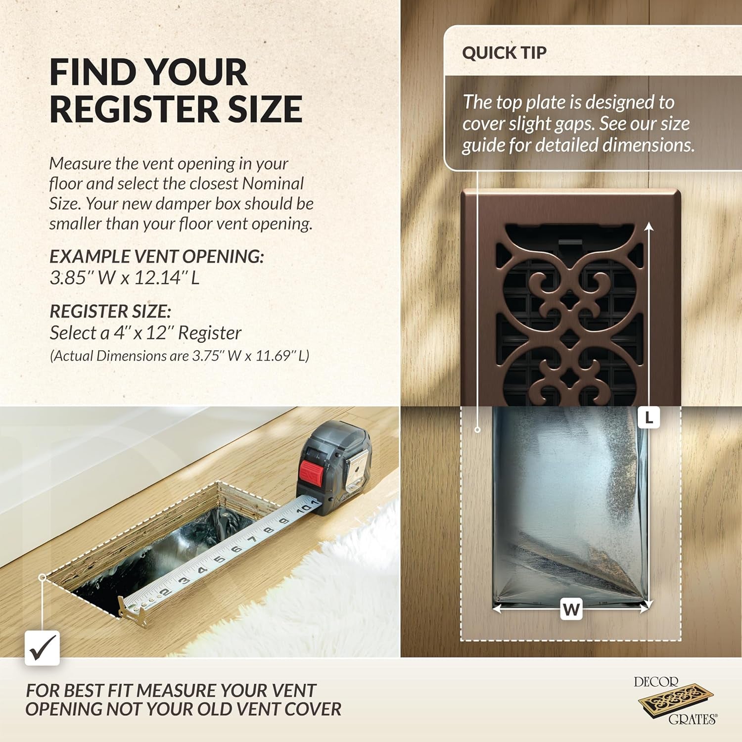 Metal Scroll Decorative Air Vent Cover 4X12 Floor Register – Adjustable Control Lever – AC Floor Vent Covers for Home Floor Vents – Fits 4 X 12 Inch Opening – Rubbed Bronze (SPH412-RB)