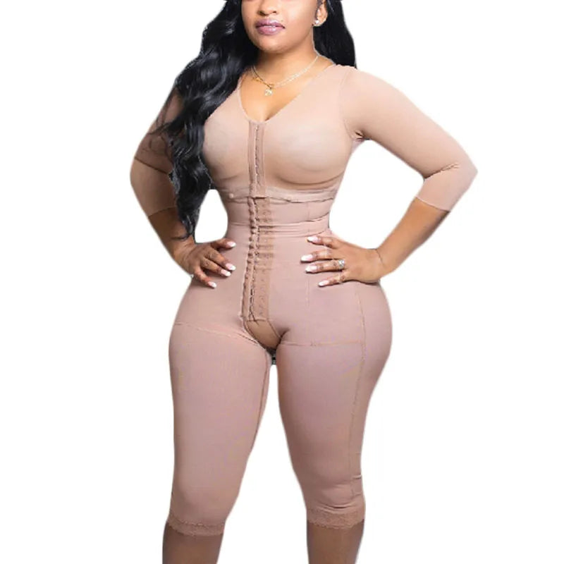 Full Body Shapewear With Sleeves Knee Length Shorts Butt Lift Up Tigh Slimming Front Hooks Waist Trainer Shapewear for Women XXS