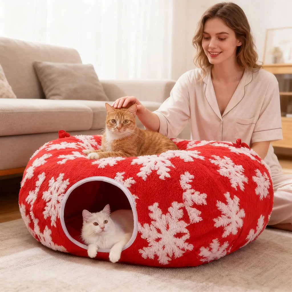 2025 Winter Christmas Cat Tunnel Bed Cat Nest Soft Kitten Donut Tunnel For Living Room Balcony Enrichment Home Bedroom Exercise