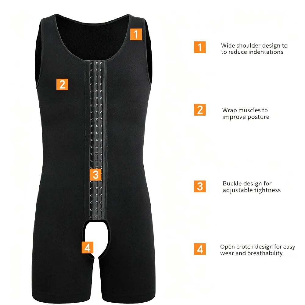 Plus Size Men's Shapewear Bodysuit,Abdomen Control Compression Short,Back Support Slimming Underwear for Post-Surgery Recovery