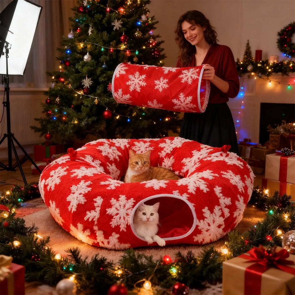 2025 Winter Christmas Cat Tunnel Bed Cat Nest Soft Kitten Donut Tunnel For Living Room Balcony Enrichment Home Bedroom Exercise