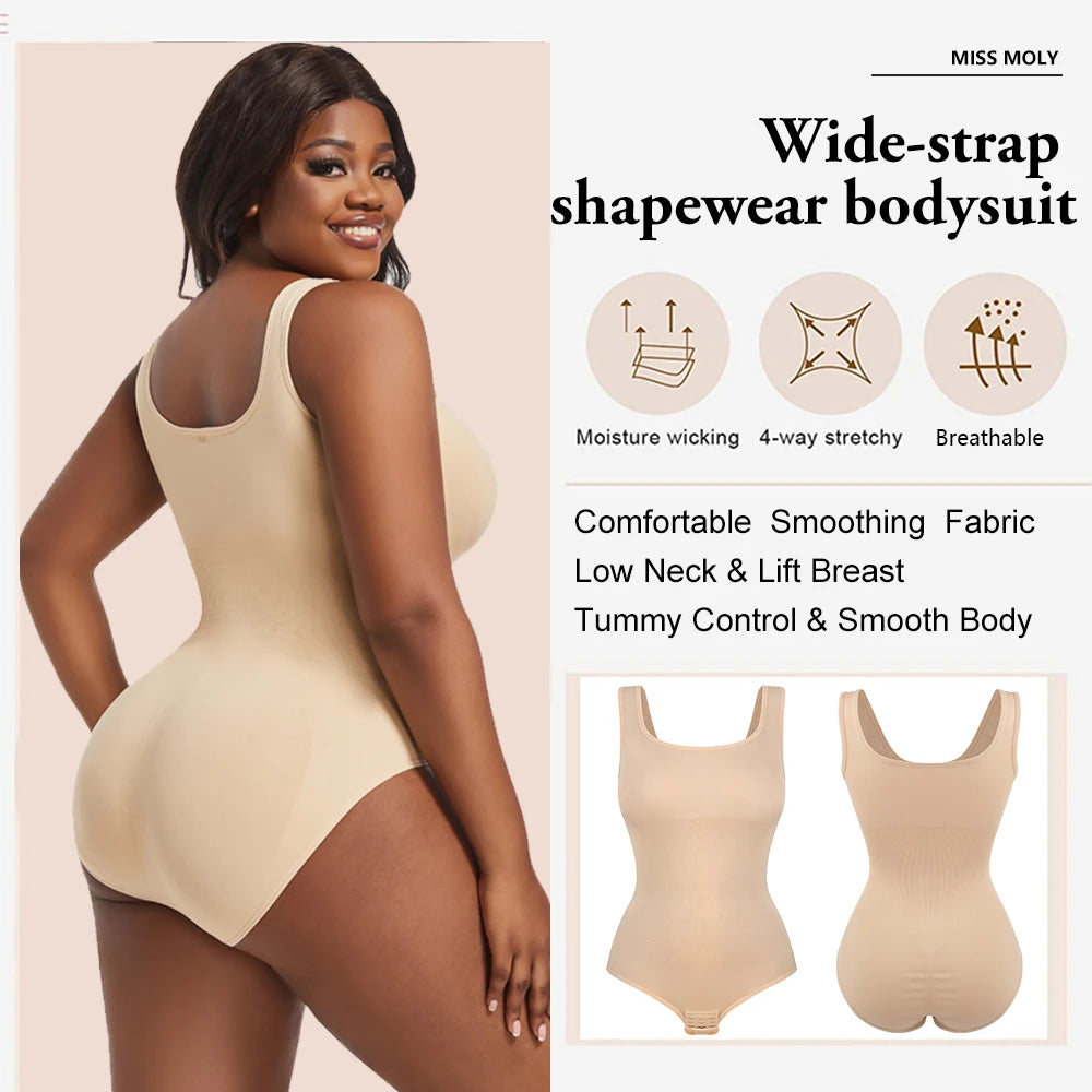 Plus Size Wide Shoulder Strap Bodysuit Women's Full Body Control Shapewear Comfortable Vest Triangle Panties Body Shaper Daily