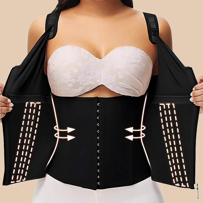 Shapewear Women Fajas Waist Trainer Tummy Control Vest Body Shaper 17 Steel Bones 3-Row Hooks Zipper Adjustable Strap