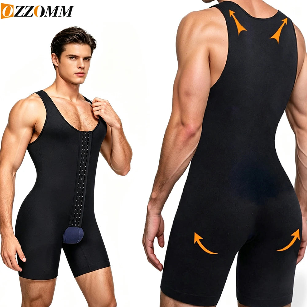 Plus Size Men's Shapewear Bodysuit,Abdomen Control Compression Short,Back Support Slimming Underwear for Post-Surgery Recovery