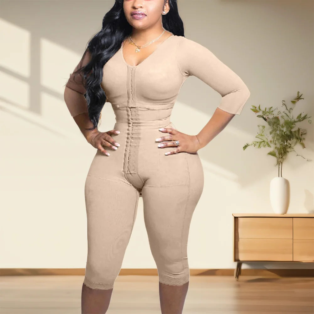 Full Body Shapewear With Sleeves Knee Length Shorts Butt Lift Up Tigh Slimming Front Hooks Waist Trainer Shapewear for Women XXS