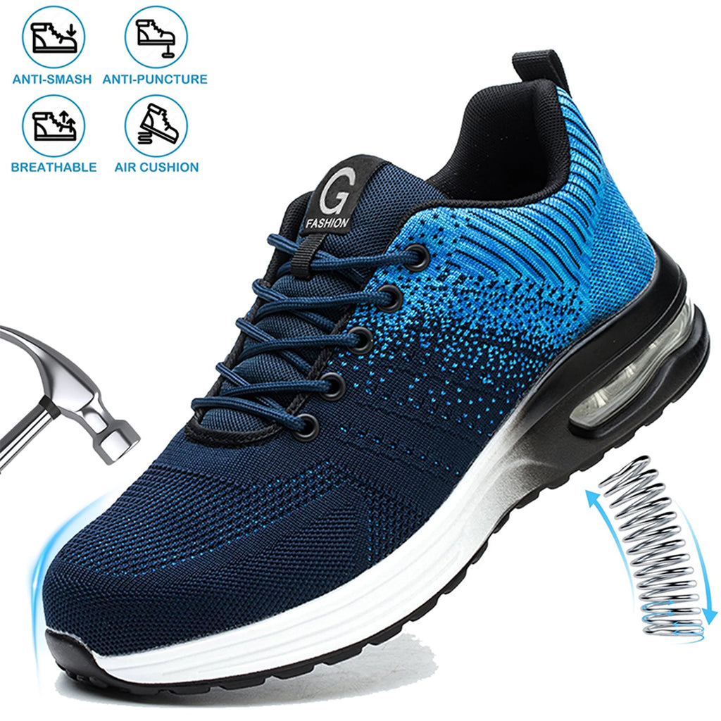 Steel Toe Work Shoes for Men Women  Anti-Smash Anti-Puncture Blue Safety Shoes Breathable Lightweight Air Cushion Work Shoes