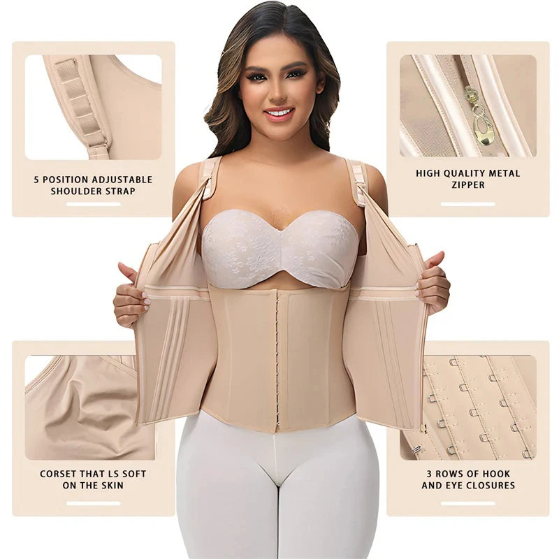 Shapewear Women Colombian Fajas Waist Trainer Tummy Control Vest Body Shaper 17 Steel Bones 3-Row Hooks Zipper Adjustable Strap