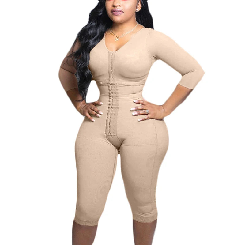 Full Body Shapewear With Sleeves Knee Length Shorts Butt Lift Up Tigh Slimming Front Hooks Waist Trainer Shapewear for Women XXS