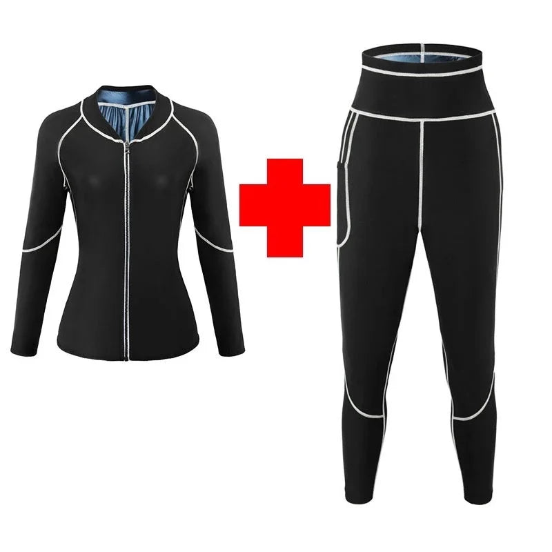 Sauna Suits Women Gym Clothing Sets Fat Burning Shapewear Coats Tops Fitness Sportswear Weight Loss Sweating Sports Leggings