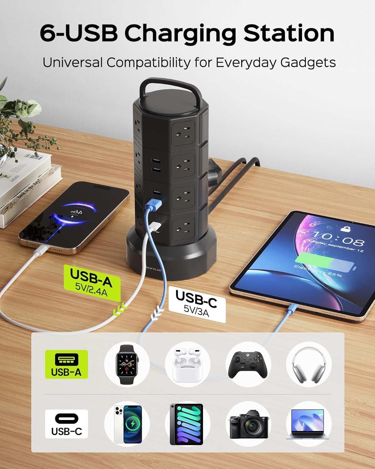 Power Strip Tower Surge Protector,  16 Outlets 6 USB (2 USB C) Charging Station, Extension Cord with Multiple Outlets, 1050J 1625W/13A Outlet Extender 6.5Ft Extension Cord for Home Office | 6.5Ft Retractable Extension Cord with Multiple Outlets, 1625W/13A Outlet Extender, USB Charging Station for Home Office Dorm