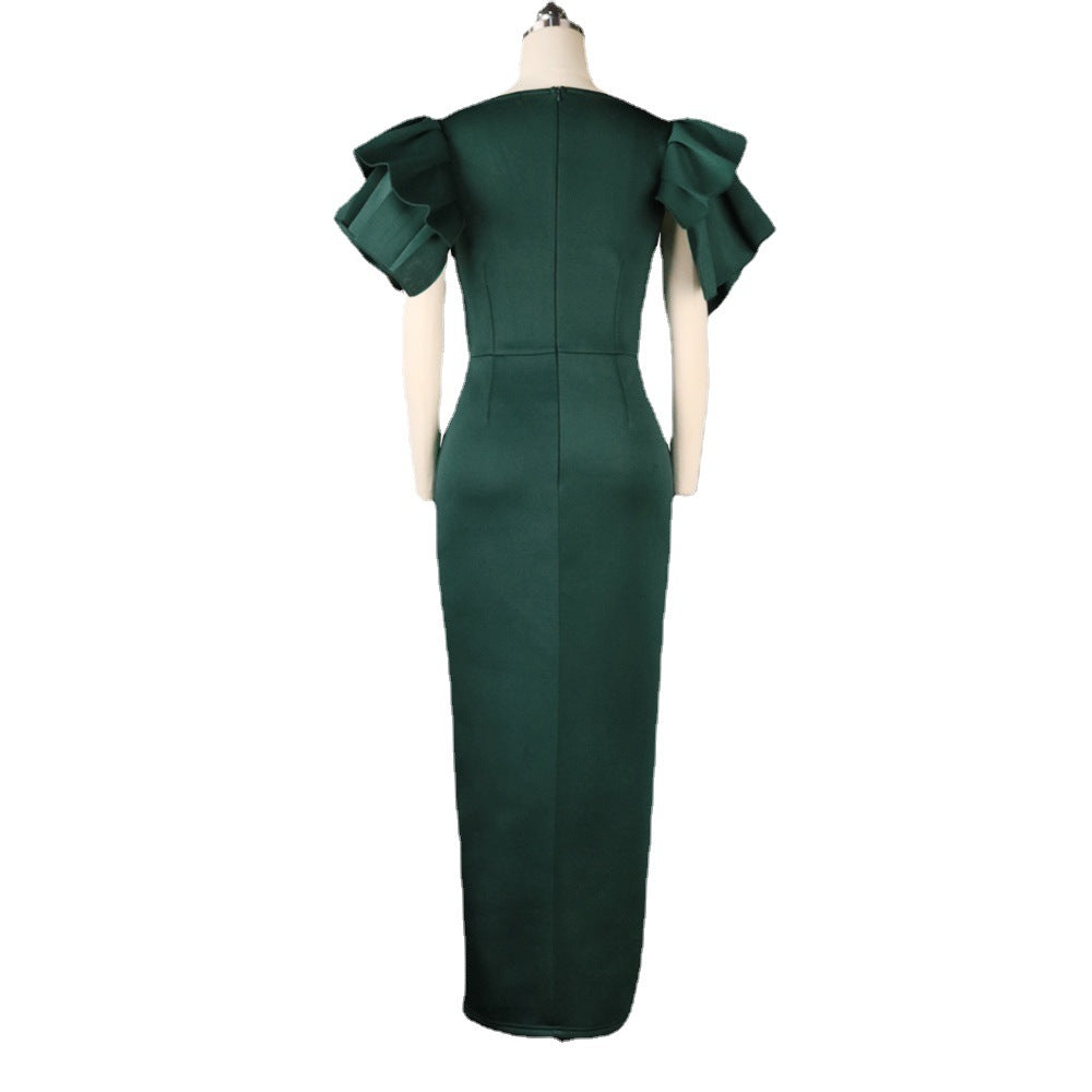 Women'S plus Size Slim-Fit Green Evening Gown with Split Ends