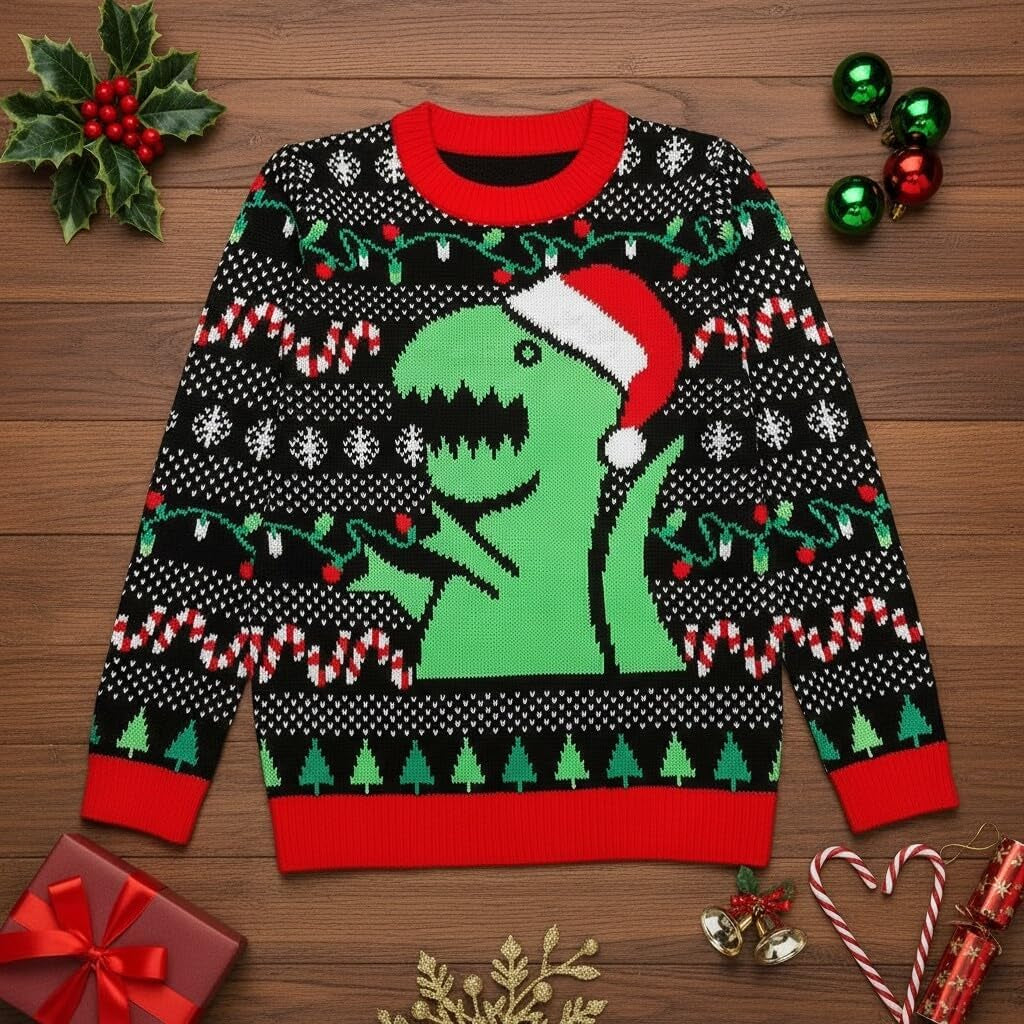 Kids Ugly Christmas Sweater Dino Gamer Swishmas Boy Girl Holiday | Soft Fleece Kids Ugly Christmas Sweatshirt; Great for Holiday Party, Gamer and Dino Fans, Boys Girls Xmas Gift