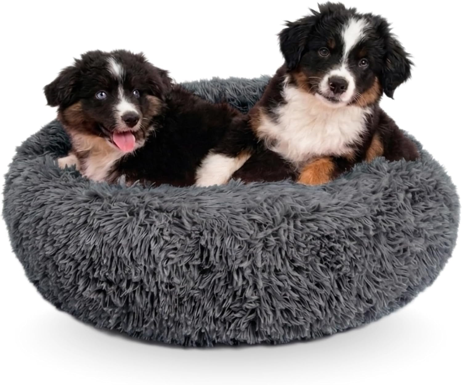 Premium Medium Donut Dog Bed, Fits up to 45 Lbs, Machine Washable Cushion, Plush Long Pile Faux Fur Fabric, Portable Dark Gray Pet Bed Furniture for Puppies Adult Canines & Cats