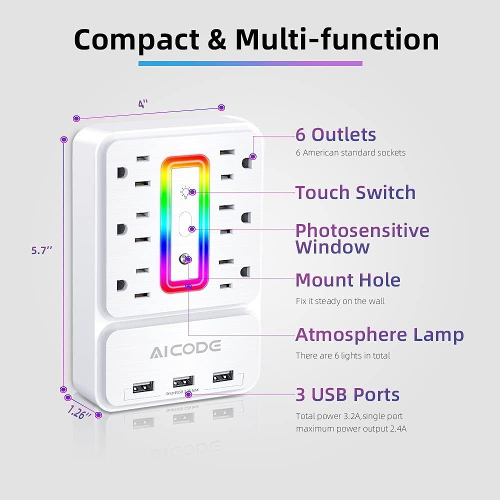 Outlet Extender Surge Protector with USB Ports and Night Light | Multi Plug Wall Outlet Charger Adapter Splitter for Home Office Dorm Bedroom Living Room Nightstand Space Saving Plug