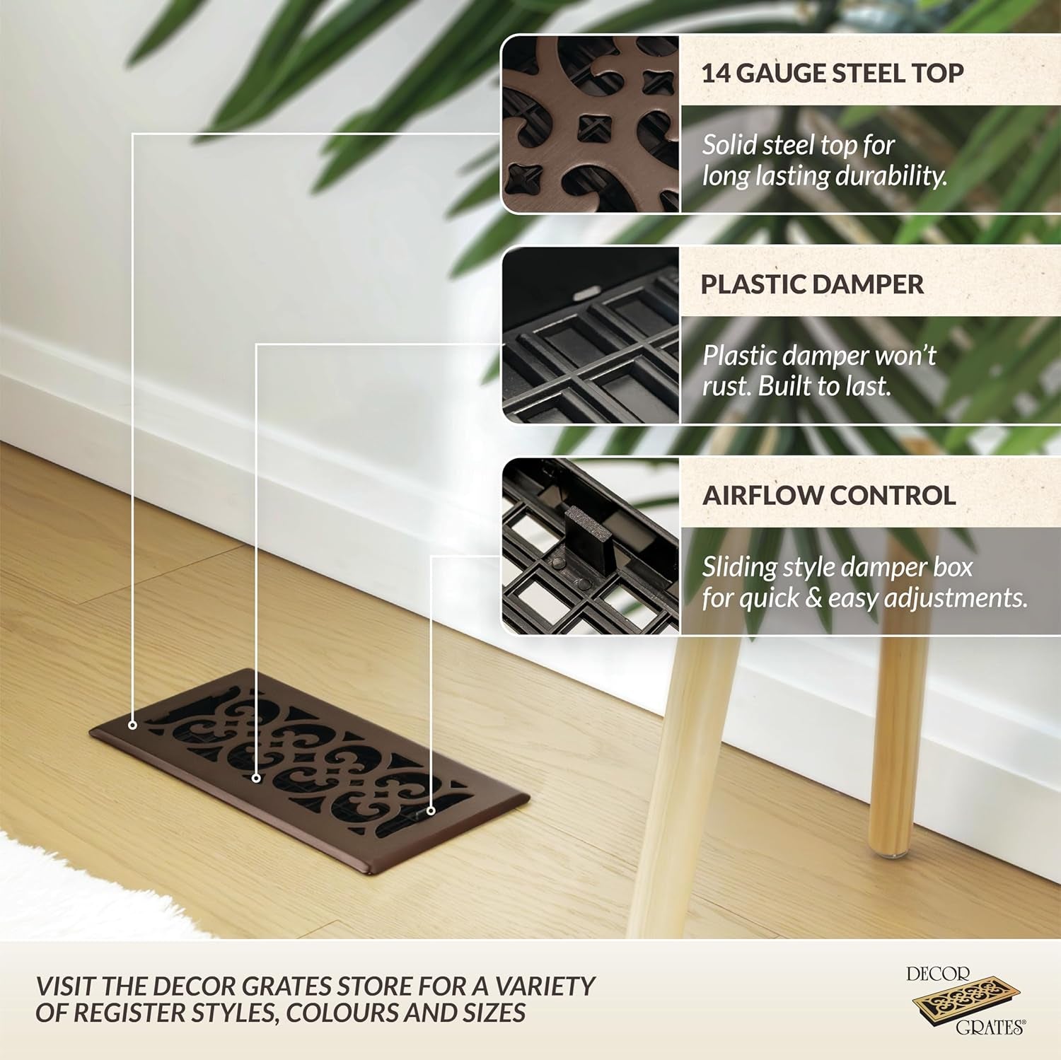 Metal Scroll Decorative Air Vent Cover 4X12 Floor Register – Adjustable Control Lever – AC Floor Vent Covers for Home Floor Vents – Fits 4 X 12 Inch Opening – Rubbed Bronze (SPH412-RB)