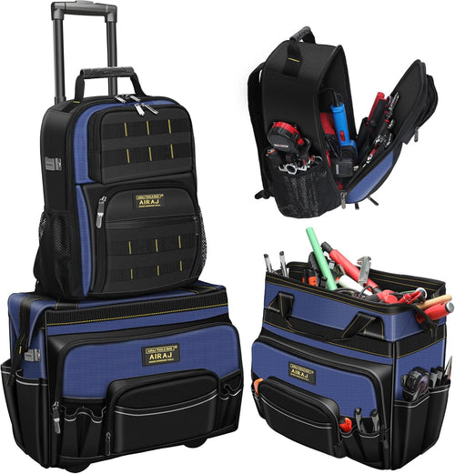 21" Rolling Tool Bag with Wheels & 18" Tool Backpack Set | Adjustable Telescoping Handle | Waterproof Tool Bag | Tool Backpack Heavy Duty | 1680D Oxford Cloth | USB Charging Port | 55 Pockets