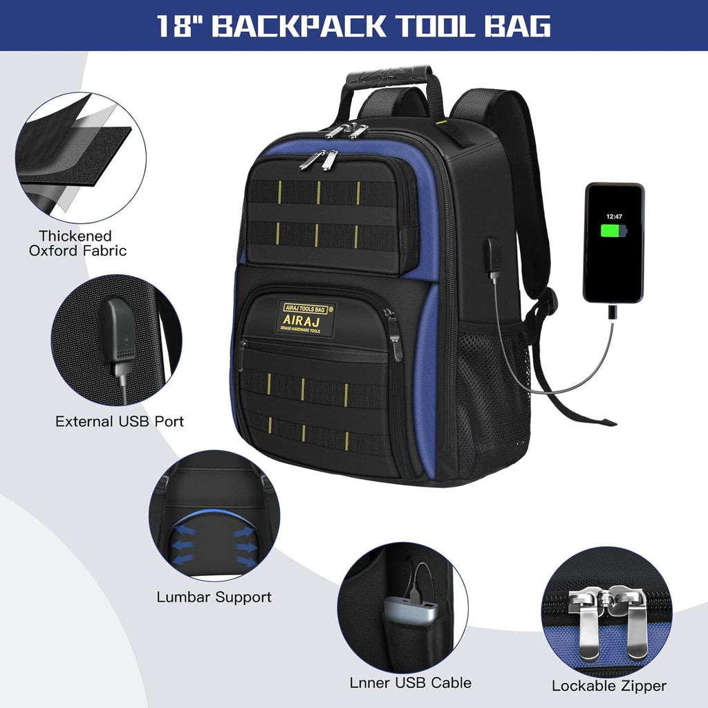 21" Rolling Tool Bag with Wheels & 18" Tool Backpack Set | Adjustable Telescoping Handle | Waterproof Tool Bag | Tool Backpack Heavy Duty | 1680D Oxford Cloth | USB Charging Port | 55 Pockets
