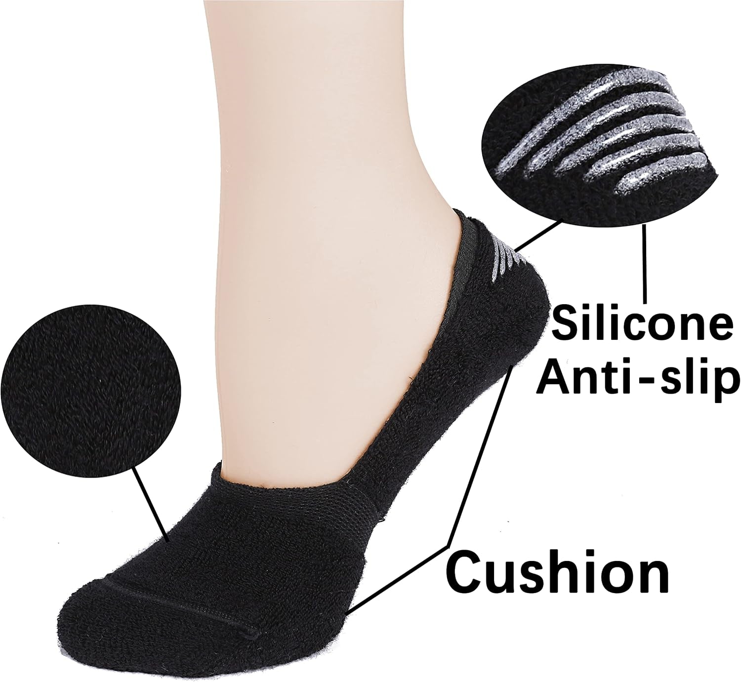 6 Pairs Unisex Thick Cushion Athletic Cotton No Show Socks | Non Slip Low Cut Flat Liner Socks