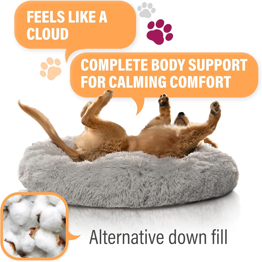 Premium Medium Donut Dog Bed, Fits up to 45 Lbs, Machine Washable Cushion, Plush Long Pile Faux Fur Fabric, Portable Dark Gray Pet Bed Furniture for Puppies Adult Canines & Cats